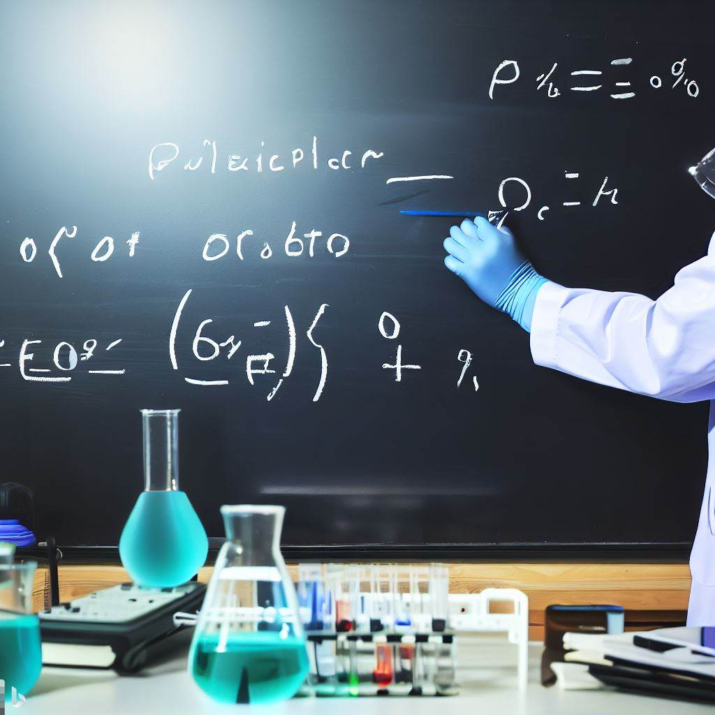 a scientist writing an equation in a blackboard showing how to calculate percent error and a lab in the background