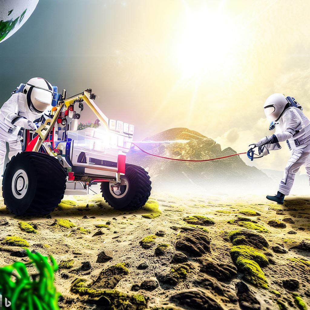 An astronaut pulling a rover on a planet using a rope and a scene full of vegetation and sunlight.