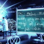 A scientist in a particle physics lab like Fermilab or CERN writing an equation in a blackboard showing how to calculate percent error and other scientist and a physics laboratory in the background showing elementary particles in a realistic futuristic laboratory