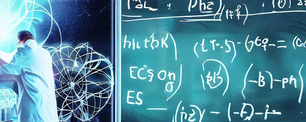 A scientist in a particle physics lab like Fermilab or CERN writing an equation on a blackboard showing how to calculate percent error and other scientist and a physics laboratory in the background showing elementary particles in a realistic futuristic laboratory
