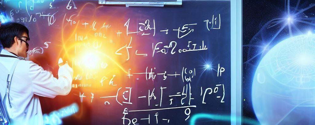 A scientist in a particle physics lab like Fermilab or CERN writing an equation in a blackboard showing how to calculate percent error and other scientist and a physics laboratory in the background showing elementary particles in a realistic futuristic laboratory