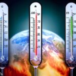 Three thermometers showing scale comparison high temperature like 95 degrees Fahrenheit, Celsius, and kelvin. In the background the earth global warming in a realistic way to show in physics or chemistry class