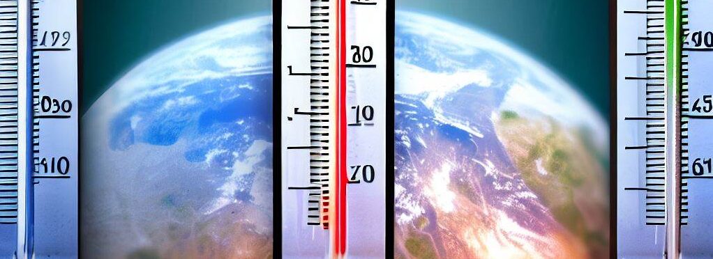 Three thermometers showing scale comparison high temperature like 95 degrees Fahrenheit, Celsius, and kelvin. In the background the earth global warming in a realistic way to show in physics or chemistry class