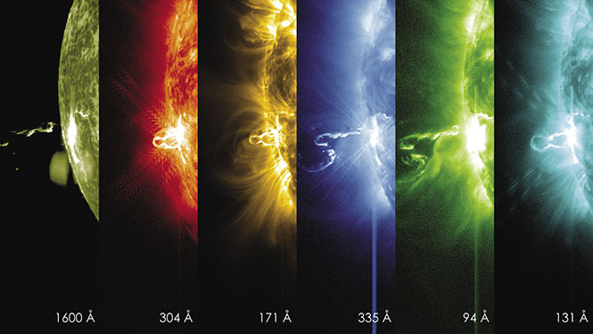 On February 24, 2014, NASA’s Solar Dynamics Observatory (SDO) captured an X-class solar flare in different wavelengths of light, including ultraviolet (UV). One of the SDO’s instruments is the Extreme Ultraviolet Variability Experiment (EVE), tasked with measuring extreme UV radiation, which plays a key role in atmospheric heating and satellite drag.