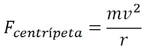 Ecuación de Fuerza centrípeta que es igual a la masa por la velocidad al cuadrado dividido entre el radio