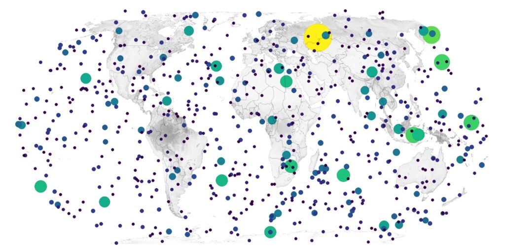 Mapa del mundo mostrando los meteoritos que entraron a la tierra entre 1988 y 2021. Algunos eran grandes y otros pequeños impactando la tierra con gran energía.