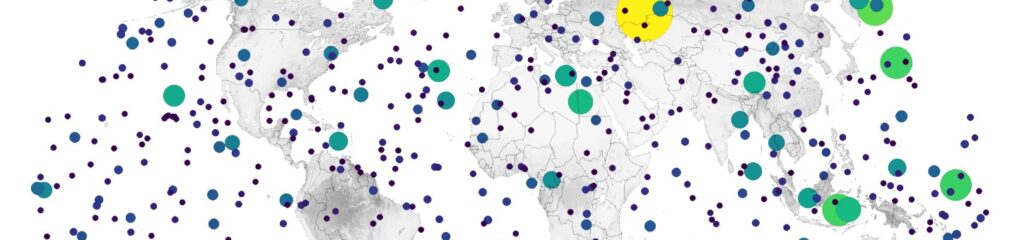 Mapa del mundo mostrando los meteoritos que entraron a la tierra entre 1988 y 2021. Algunos eran grandes y otros pequeños impactando la tierra con gran energía.