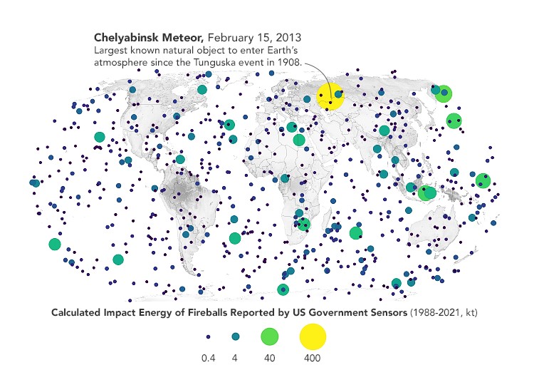 Mapa del mundo mostrando los meteoritos que entraron a la tierra entre 1988 y 2021. Algunos eran grandes y otros pequeños impactando la tierra con gran energía.