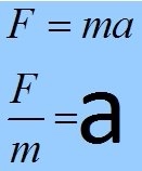 Ecuación de fuerza mostrando que la fuerza es masa por aceleración, la fuerza dividida entre la masa es aceleración.