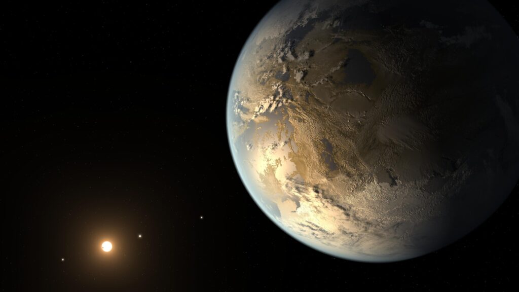 This artist's concept depicts Kepler-186f, the first validated Earth-size planet to orbit a distant star in the habitable zone -- a range of distance from a star where liquid water might pool on the planet's surface. The discovery of Kepler-186f confirms that Earth-size planets exist in the habitable zones of other stars and signals a significant step closer to finding a world similar to Earth.