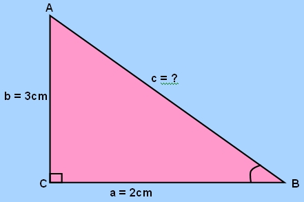 Triángulo que muestra datos de un problema en el que el lado b es 3 centímetros el lado a es 2 centímetros y la desconocida es la hipotenusa c.