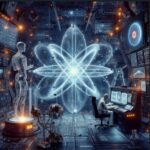Imagen creada por inteligencia artificial que muestra computación cuántica, el modelo de física de partículas, un científico en un laboratorio futurista mirando hacia el universo.