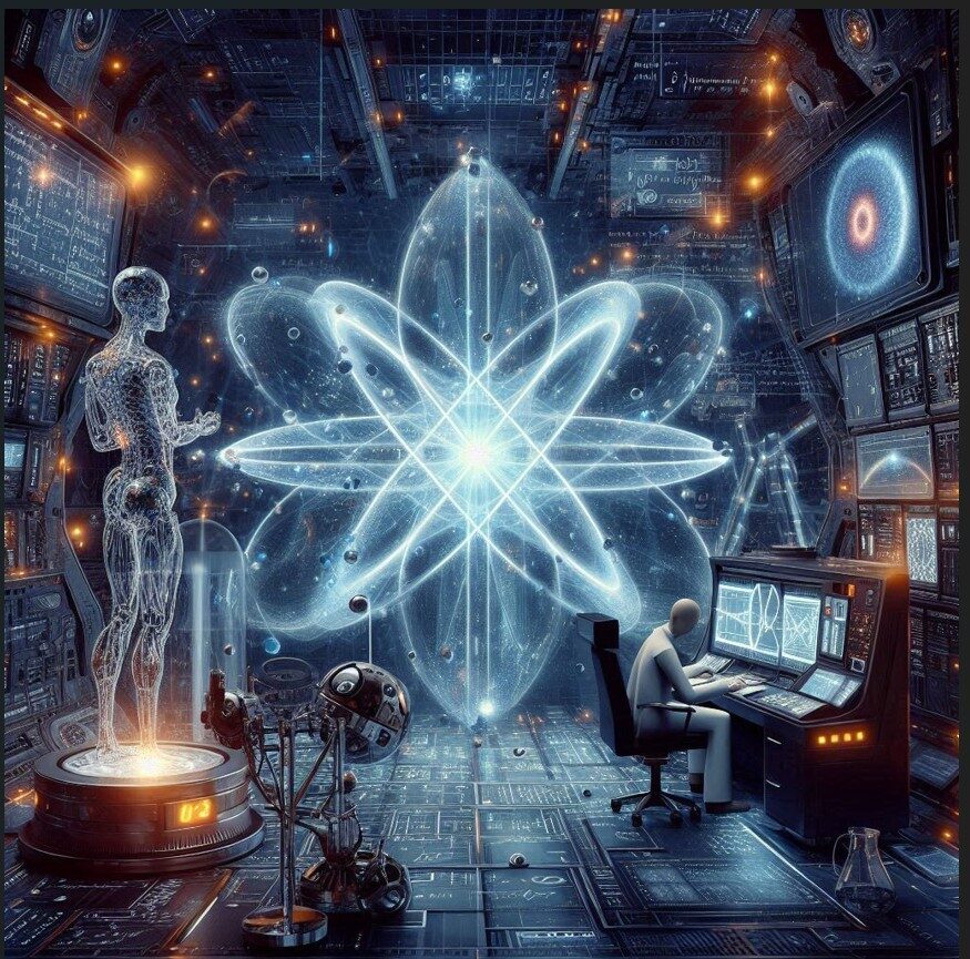Imagen creada por inteligencia artificial que muestra computación cuántica, el modelo de física de partículas, un científico en un laboratorio futurista mirando hacia el universo.