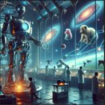 Imagen creada por Copilot, usando inteligencia artificial. Muestra computación cuántica, un robot bien grande, el modelo de física de partículas, varios científico en un laboratorio futurista mirando por las ventanas de cristal hacia nuevas especies de animales creados por ajustes genéticos.