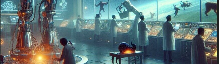 Imagen creada por Copilot, usando inteligencia artificial. Muestra computación cuántica, un robot bien grande, el modelo de física de partículas, varios científico en un laboratorio futurista mirando por las ventanas de cristal hacia nuevas especies de animales creados por ajustes genéticos.
