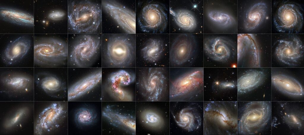THIS COLLECTION OF 36 IMAGES FROM NASA’S HUBBLE SPACE TELESCOPE FEATURES GALAXIES THAT ARE ALL HOSTS TO BOTH CEPHEID VARIABLES AND SUPERNOVAE. THESE TWO CELESTIAL PHENOMENA ARE BOTH CRUCIAL TOOLS USED BY ASTRONOMERS TO DETERMINE ASTRONOMICAL DISTANCE, AND HAVE BEEN USED TO REFINE OUR MEASUREMENT OF THE HUBBLE CONSTANT, THE EXPANSION RATE OF THE UNIVERSE.