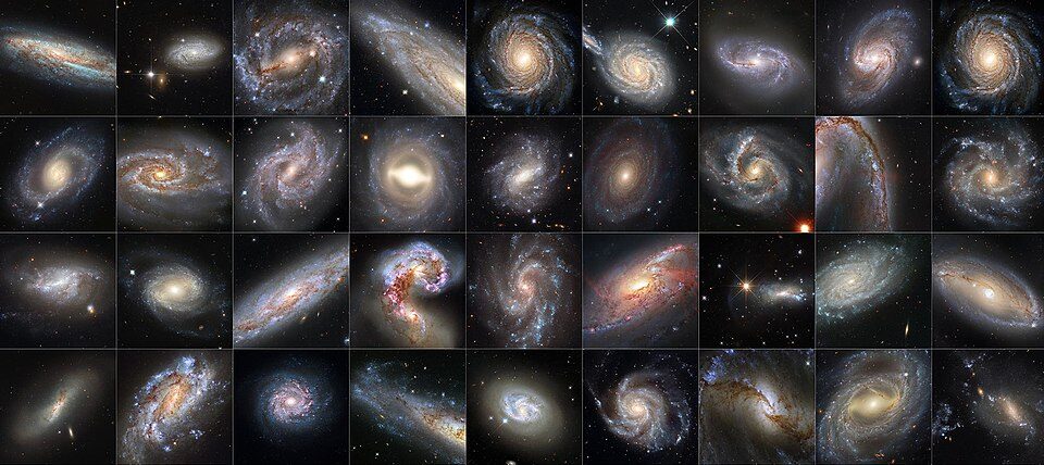 THIS COLLECTION OF 36 IMAGES FROM NASA’S HUBBLE SPACE TELESCOPE FEATURES GALAXIES THAT ARE ALL HOSTS TO BOTH CEPHEID VARIABLES AND SUPERNOVAE. THESE TWO CELESTIAL PHENOMENA ARE BOTH CRUCIAL TOOLS USED BY ASTRONOMERS TO DETERMINE ASTRONOMICAL DISTANCE, AND HAVE BEEN USED TO REFINE OUR MEASUREMENT OF THE HUBBLE CONSTANT, THE EXPANSION RATE OF THE UNIVERSE.