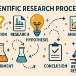 The image identify the standard sequential stages of a scientific research process, from initial conceptualization to final dissemination. For each identified stage, a distinct visual representation is provided. Starting with question, hypothesis, experiment, analysis, report results, and conclusion.