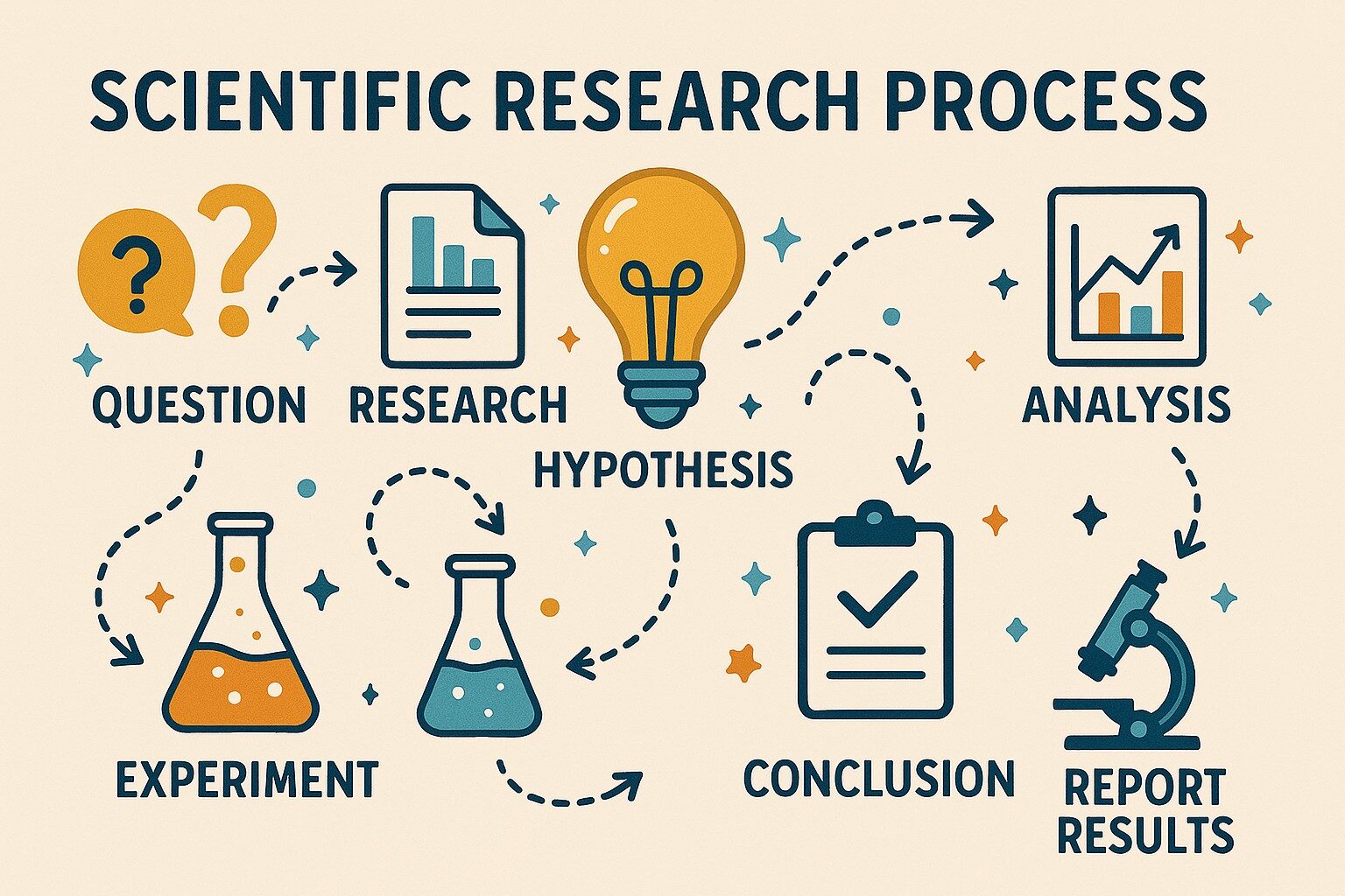 The image identify the standard sequential stages of a scientific research process, from initial conceptualization to final dissemination. For each identified stage, a distinct visual representation is provided. Starting with question, hypothesis, experiment, analysis, report results, and conclusion.