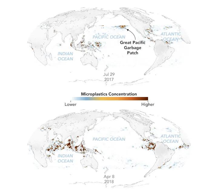 Mapa de concentración mundial de los microplásticos en abril 2018 por NASA