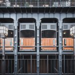 Interior view of the historic Old Elbe Tunnel elevators in Hamburg, showcasing architectural details.