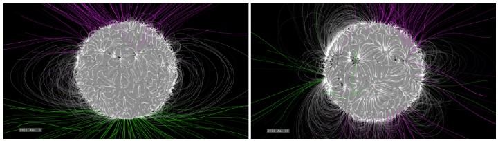 (Illustration) This comparison shows the relative complexity of the solar magnetic field between January 2011 (left) and July 2014. In January 2011, three years after solar minimum, the field is still relatively simple, with open field lines concentrated near the poles. At solar maximum, in July 2014, the structure is much more complex, with closed and open field lines poking out all over – ideal conditions for solar explosions Credits: NASA’s Goddard Space Flight Center/Bridgman