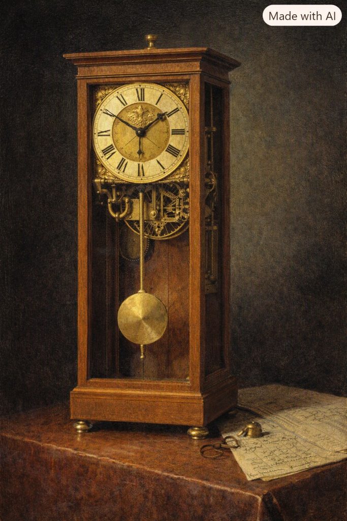 Aquí tienes la imagen del reloj de péndulo inventado por Christiaan Huygens. Representa con gran detalle el mecanismo que revolucionó la medición del tiempo en el siglo XVII, mostrando el elegante equilibrio entre arte y ciencia que caracterizaba sus diseños.